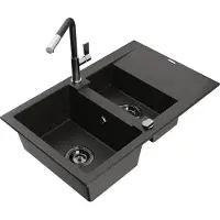 Mexen Gaspar 1,5-Becken-Granitspüle mit Abtropffläche und Mischbatterie Flora, Schwarz/gold - 6507-75-670401-07-B