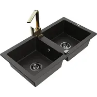 Mexen Mario 2-Becken-Granitspüle mit Mischbatterie Rita, Schwarz/Gold metallisch - 6504-75-670300-50-B