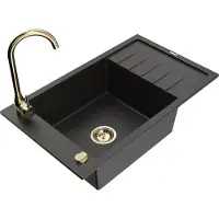 Mexen Elias 1 Becken-Granitspüle mit Abtropffläche und Mischbatterie Telma, Schwarz/Gold - 6511-75-670200-50