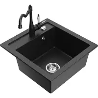 Mexen Vito 1-Becken-Granit-Spüle mit Mischbatterie Carla, Schwarz/Silbermetallic - 6503-73-670700-70