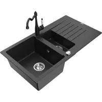 Mexen Matias 1,5-Becken-Granitspüle mit Abtropffläche und Mischbatterie Carla Schwarz/Silbermetallic - 6502-73-670700-70