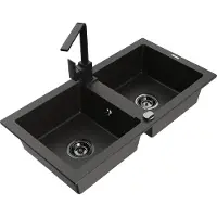 Mexen Mario 2-Becken-Granitspüle mit Mischbatterie Rita, Schwarz/Gold metallisch - 6504-75-670300-70-B