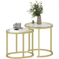 HOMCOM Couchtisch rund 2er Set Stapelbarer Beistelltisch mit Stahlrahmen Gold