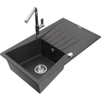 Mexen Cesar 1 Becken-Granitspüle mit Abtropffläche und Mischbatterie Flora, Schwarz gesprenkelt - 6514-76-670401-00