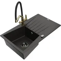 Mexen Cesar 1 Becken-Granitspüle mit Abtropffläche und Mischbatterie Duo, Schwarz/Gold metallisch - 6514-75-671701-57-B