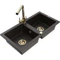 Mexen Mario 2-Becken-Granitspüle mit Mischbatterie Duero, Schwarz/Gold metallisch - 6504-75-671600-50