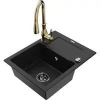 Mexen Enzo 1 Becken-Granitspüle mit Abtropffläche und Mischbatterie Savita, Schwarz - 6506-77-672601-50-B