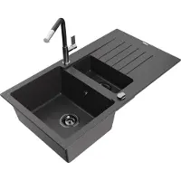 Mexen Matias 1,5-Becken-Granitspüle mit Abtropffläche und Mischbatterie Flora, Schwarz gesprenkelt - 6502-76-670401-07-B