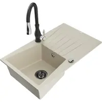 Mexen Cesar 1 Becken-Granitspüle mit Abtropffläche und Mischbatterie Savita, Beige - 6514-69-672601-70