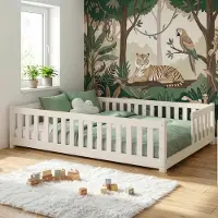 KIDS Collection Kinderbett Bodenbett mit Rausfallschutz & Lattenrost Montessori Bett Bed Gitterbett Kinder Jugendbett Einzelbett | 140x200 cm | Baumwolle
