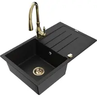 Mexen Bruno 1 Becken-Granitspüle mit Abtropffläche und Mischbatterie Savita, Schwarz - 6513-77-672601-50