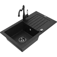 Mexen Pablo 1 Becken-Granitspüle mit Abtropffläche und Mischbatterie Carla, Schwarz - 6510-77-670700-70-B