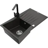 Mexen Cesar 1 Becken-Granitspüle mit Abtropffläche und Mischbatterie Rita, Schwarz/Gold metallisch - 6514-75-670300-70