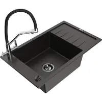 Mexen Elias 1 Becken-Granitspüle mit Abtropffläche und Mischbatterie Duo, Schwarz/Gold metallisch - 6511-75-671701-07-B