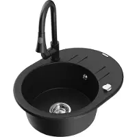 Mexen Kevin 1 Becken-Granitspüle mit Abtropffläche und Mischbatterie Elia, Schwarz - 6517-77-670101-70
