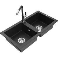 Mexen Mario 2-Becken-Granitspüle mit Mischbatterie Flora, Schwarz/Silbermetallic - 6504-73-670401-07