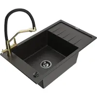 Mexen Elias 1 Becken-Granitspüle mit Abtropffläche und Mischbatterie Duo, Schwarz/Gold metallisch - 6511-75-671701-57-B