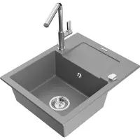 Mexen Enzo 1 Becken-Granitspüle mit Abtropffläche und Mischbatterie Flora, Grau - 6506-71-670401-00