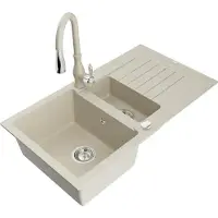 Mexen Matias 1,5-Becken-Granitspüle mit Abtropffläche und Mischbatterie Savita, Beige - 6502-69-672601-69