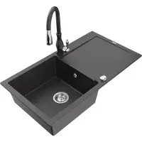 Mexen Leo 1 Becken-Granitspüle mit Abtropffläche und Mischbatterie Savita, Schwarz gesprenkelt - 6501-76-672601-76