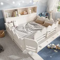 MODFU Kinderbett Bodenbett 140 x 190 mit Rausfallschutz,Tür und Lattenrost,Bettrahmen mit Regal,ohne Matratze,Weiß