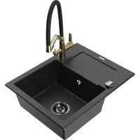 Mexen Enzo 1 Becken-Granitspüle mit Abtropffläche und Mischbatterie Duo, Schwarz/Silbermetallic - 6506-73-671701-57-B