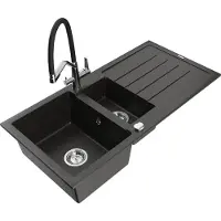 Mexen Andres 1,5-Becken-Granitspüle mit Abtropffläche und Mischbatterie Duo, Schwarz/Gold metallisch - 6515-75-671701-07