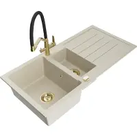 Mexen Andres 1,5-Becken-Granitspüle mit Abtropffläche und Mischbatterie Duo, Beige - 6515-69-671701-57-G
