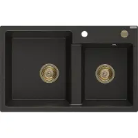 Mexen Tomas 2-Becken-Granit-Spülbecken 800 x 500 mm, Schwarz/Gold metallisch, Siphon Gold - 6516802000-75-G