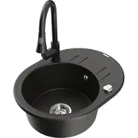 Mexen Kevin 1 Becken-Granitspüle mit Abtropffläche und Mischbatterie Elia, Schwarz/Gold metallisch - 6517-75-670101-70