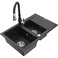 Mexen Gaspar 1,5-Becken-Granitspüle mit Abtropffläche und Mischbatterie Savita, Schwarz/Silber - 6507-73-672601-70