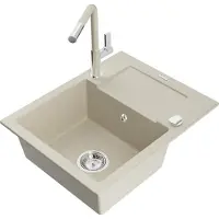 Mexen Enzo 1 Becken-Granitspüle mit Abtropffläche und Mischbatterie Flora, Beige - 6506-69-670401-09