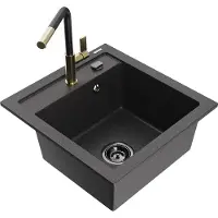 Mexen Vito 1-Becken-Granit-Spüle mit Mischbatterie Flora, Schwarz gesprenkelt - 6503-76-670401-57-B