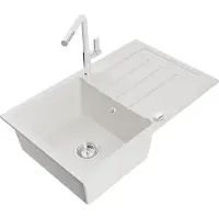 Mexen Bruno 1 Becken-Granitspüle mit Abtropffläche und Mischbatterie Flora, Weiß - 6513-20-670401-02