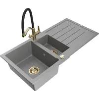 Mexen Andres 1,5-Becken-Granitspüle mit Abtropffläche und Mischbatterie Duo, Grau - 6515-71-671701-57-G