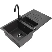 Mexen Matias 1,5-Becken-Granitspüle mit Abtropffläche und Mischbatterie Telma, Schwarz gesprenkelt - 6502-76-670200-70-B