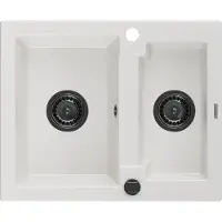 Mexen Carlos 1,5-Becken-Granitspüle 582 x 475 mm, Weiß, Siphon Schwarz - 6518581500-20-B