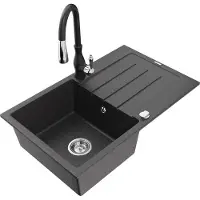 Mexen Bruno 1 Becken-Granitspüle mit Abtropffläche und Mischbatterie Savita, Schwarz gesprenkelt - 6513-76-672601-70