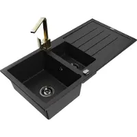 Mexen Andres 1,5-Becken-Granitspüle mit Abtropffläche und Mischbatterie Rita, Schwarz - 6515-77-670300-50-B