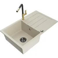 Mexen Bruno 1 Becken-Granitspüle mit Abtropffläche und Mischbatterie Flora, Beige - 6513-69-670401-57-B