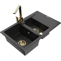 Mexen Gaspar 1,5-Becken-Granitspüle mit Abtropffläche und Mischbatterie Rita, Schwarz/Silbermetallic - 6507-73-670300-50