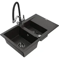 Mexen Gaspar 1,5-Becken-Granitspüle mit Abtropffläche und Mischbatterie Duo, Schwarz/Gold metallisch - 6507-75-671701-07-B