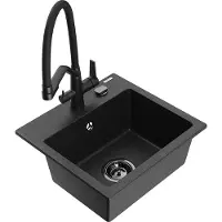 Mexen Milo 1-Becken-Granitspüle mit Mischbatterie Duo, Schwarz/Silbermetallic - 6505-73-671701-70-B