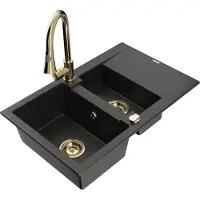 Mexen Gaspar 1,5-Becken-Granitspüle mit Abtropffläche und Mischbatterie Elia, Schwarz/Gold metallisch - 6507-75-670101-50