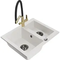 Mexen Carlos 1,5-Becken-Granitspüle mit Mischbatterie Duo, Weiß - 6518-20-671701-57-B