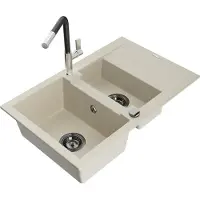 Mexen Gaspar 1,5-Becken-Granitspüle mit Abtropffläche und Mischbatterie Flora, Beige - 6507-69-670401-07-B