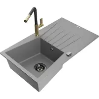 Mexen Cesar 1 Becken-Granitspüle mit Abtropffläche und Mischbatterie Flora, Grau - 6514-71-670401-57-B