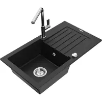 Mexen Pablo 1 Becken-Granitspüle mit Abtropffläche und Mischbatterie Flora, Schwarz - 6510-77-670401-00