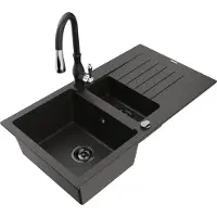 Mexen Matias 1,5-Becken-Granitspüle mit Abtropffläche und Mischbatterie Savita, Schwarz/Gold - 6502-75-672601-70-B