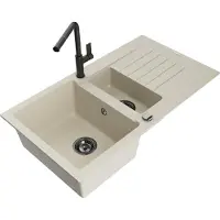 Mexen Matias 1,5-Becken-Granitspüle mit Abtropffläche und Mischbatterie Flora, Beige - 6502-69-670401-70-B